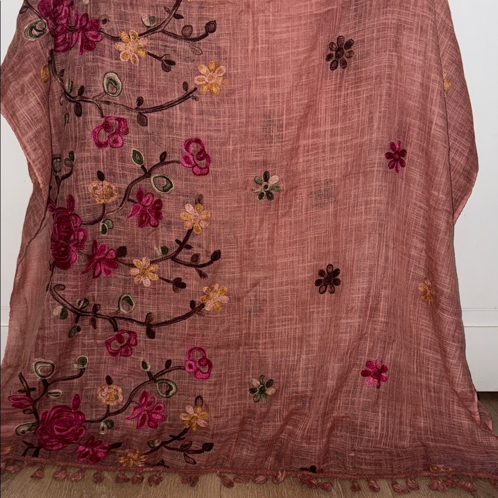 Embroidered Floral Scarf in Dusty Rose with Pink Accents - Picture 7 of 8